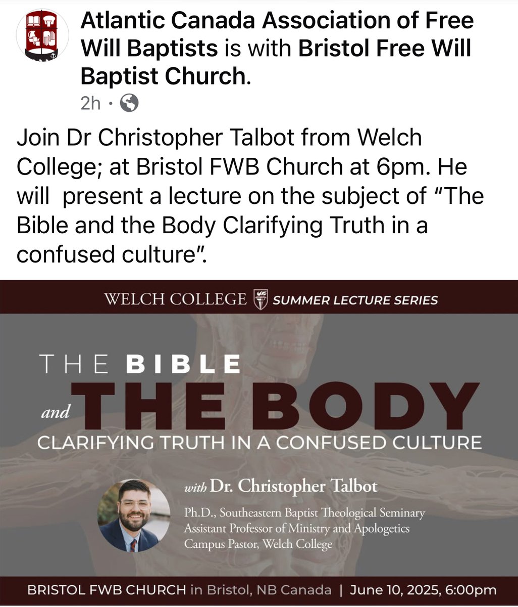 Welch College (@welchcollege) on Twitter photo If you're around Bristol, NB on June 10, join the Atlantic Canada Assoc. of Free Will Baptists for <a href="/c_talbot/">Christopher Talbot</a>'s presentation of “The Bible and the Body: Clarifying Truth in a Confused Culture.” If you're around Bristol, NB on June 10, join the Atlantic Canada Assoc. of Free Will Baptists for <a href="/c_talbot/">Christopher Talbot</a>'s presentation of “The Bible and the Body: Clarifying Truth in a Confused Culture.”