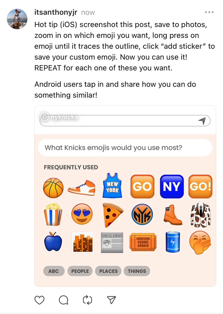 Anthony_Cortese's tweet photo. NYK dropped these custom emojis today so we need to make the best use of them! Get them added to your iOS keyboard as custom stickers! @nyknicks @Apple https://t.co/AuE11nMARl
