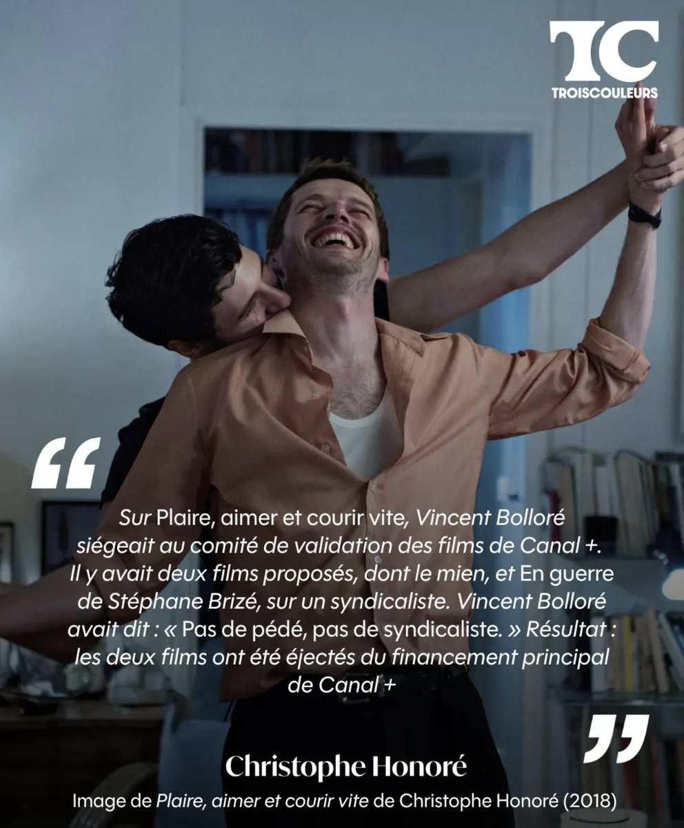 Octanexit's tweet image. (Christophe Honoré a dit en interview pour Trois Couleurs que Bolloré avait refusé de financer des films avec des personnages queers et syndicalistes ces dernières années)