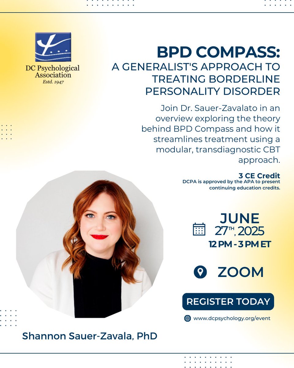 Join Dr. @sauerzavala for an overview on the BPD Compass—a streamlined 18-session CBT approach for BPD. Explore core skills like cognitive flexibility, mindfulness, and exposure, plus practical tools to boost client outcomes. 

Secure your spot through our Linktree.
