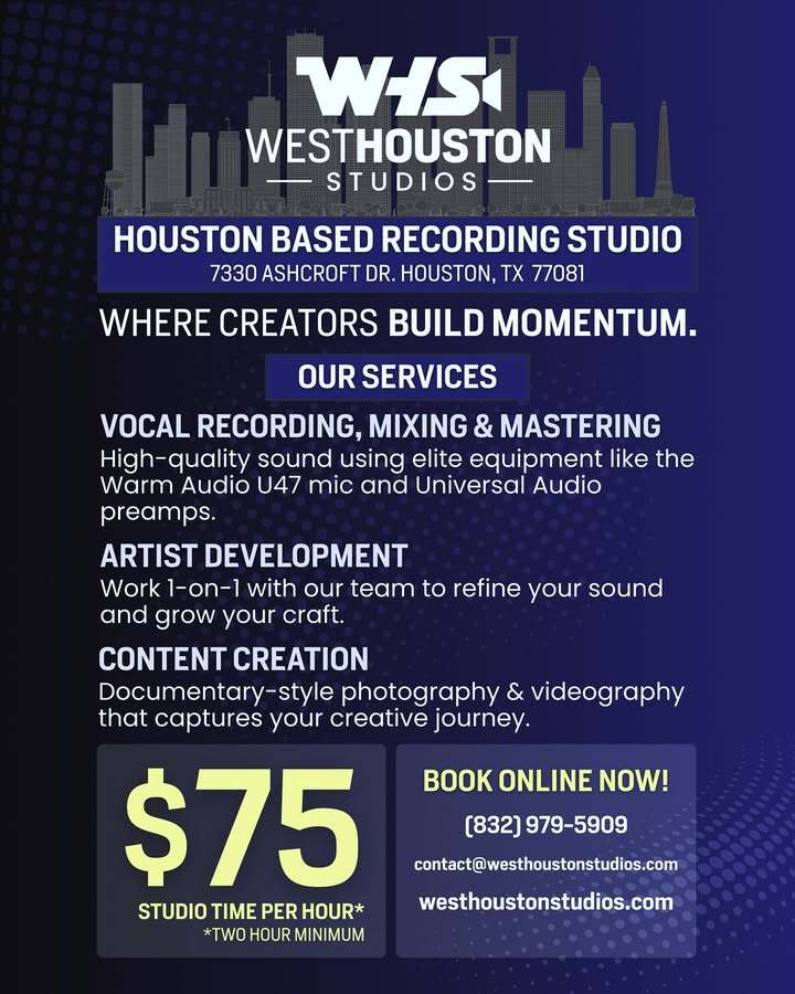 westhoustudios's tweet photo. Creators — if you’ve been looking for a home to bring your vision to life, you just found it.

🎧 Hourly sessions start at just $75/hr *2 hr minimum*
🔒 Membership options available for even more value and start at $89.99/quarter

Are you ready to level up? Tap in. 😎 https://t.co/mhjzPZ1qtR