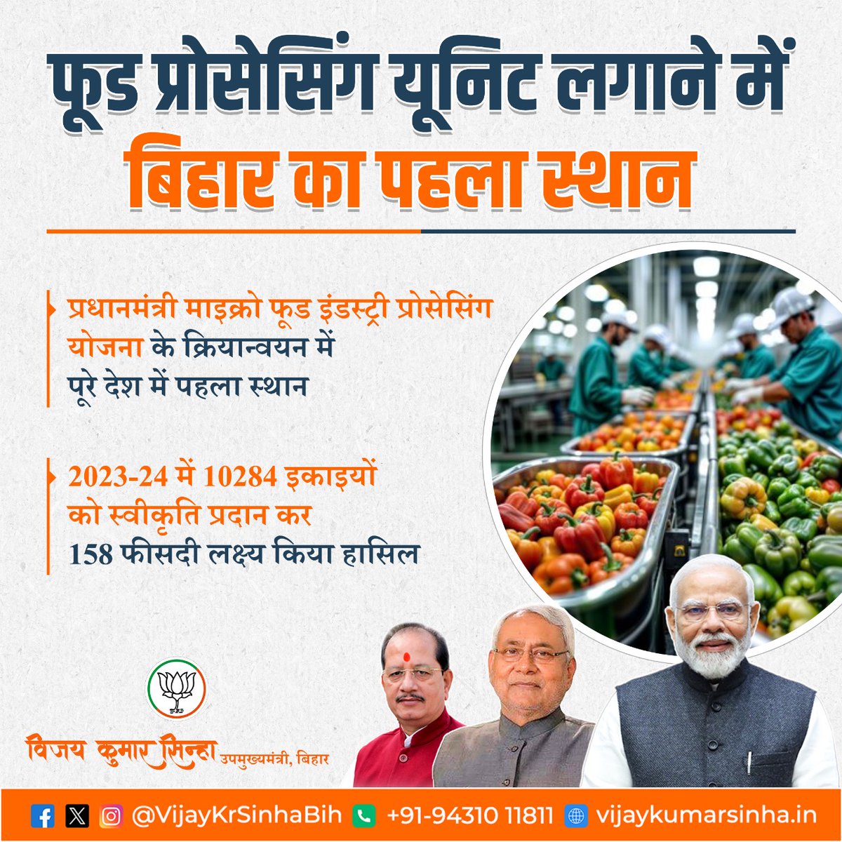 VijayKrSinhaBih's tweet photo. फूड प्रोसेसिंग यूनिट लगाने में बिहार का पहला स्थान

◆प्रधानमंत्री माइक्रो फूड इंडस्ट्री प्रोसेसिंग योजना के क्रियान्वयन में पूरे देश में पहला स्थान

◆2023-24 में 10284 इकाइयों को स्वीकृति प्रदान कर 158 फीसदी लक्ष्य किया हासिल

#foodprocessing #foodprocessingunit #VijayKumarSinha #NDA4Bihar