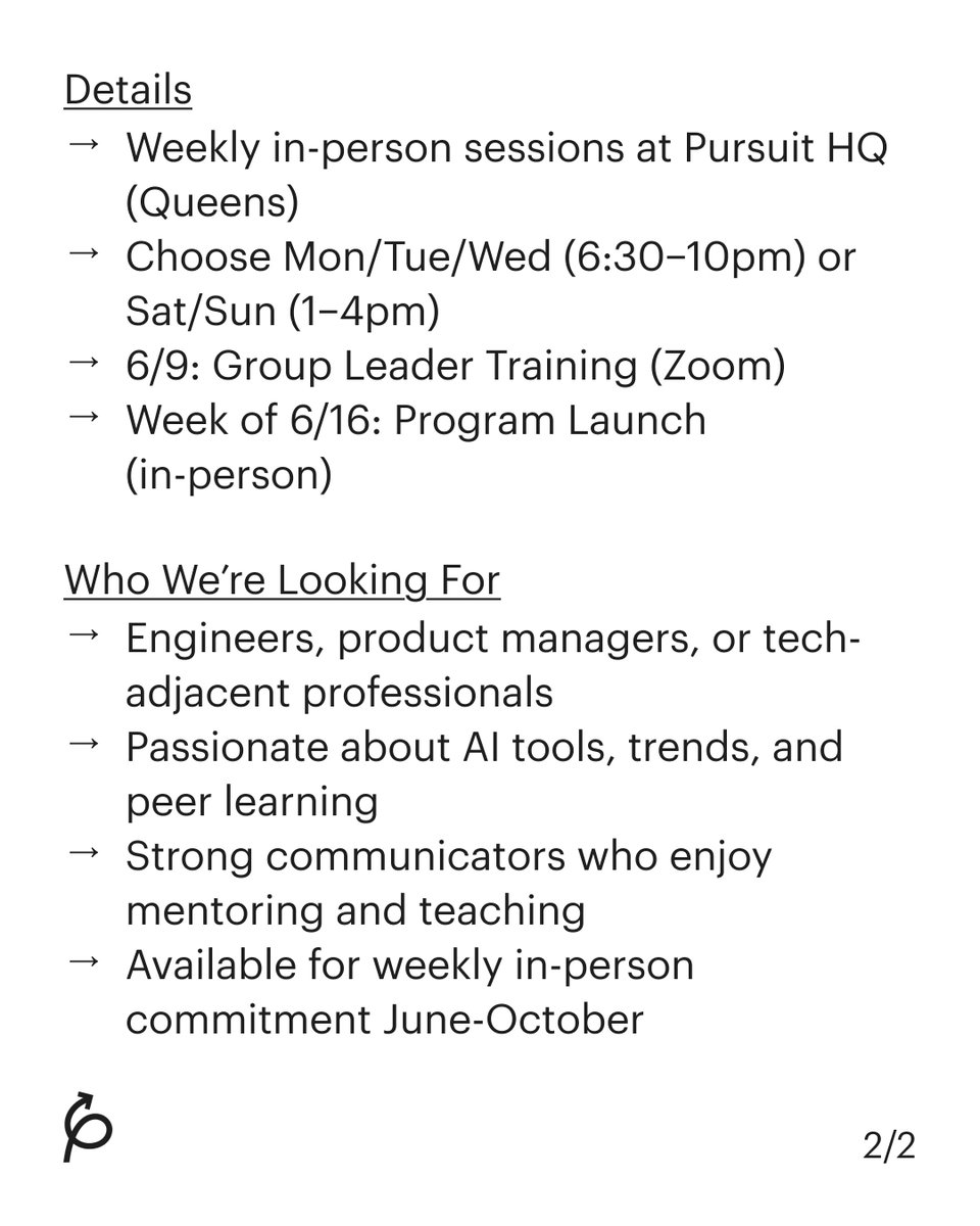 Volunteer with us! We’re gearing up to launch the second cohort of Pursuit’s AI-native Pprogram to empower talented adults with the skills to thrive in the new AI-driven job market.

We’re looking for weekly Group Leaders to guide Builders as they develop AI literacy, explore