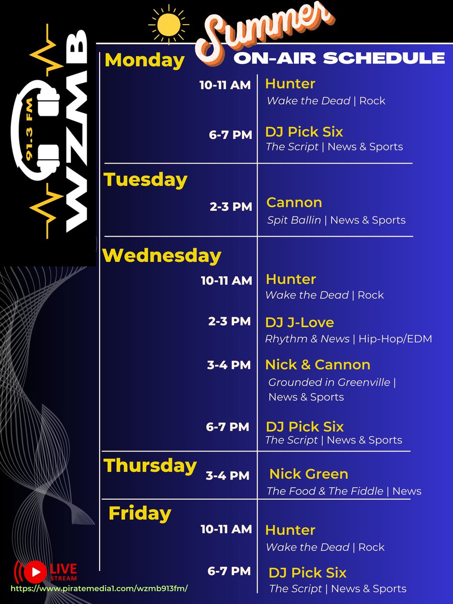 Summer programming starts this Wednesday, May 21st! Tune in: piratemedia1.com/wzmb913fm/