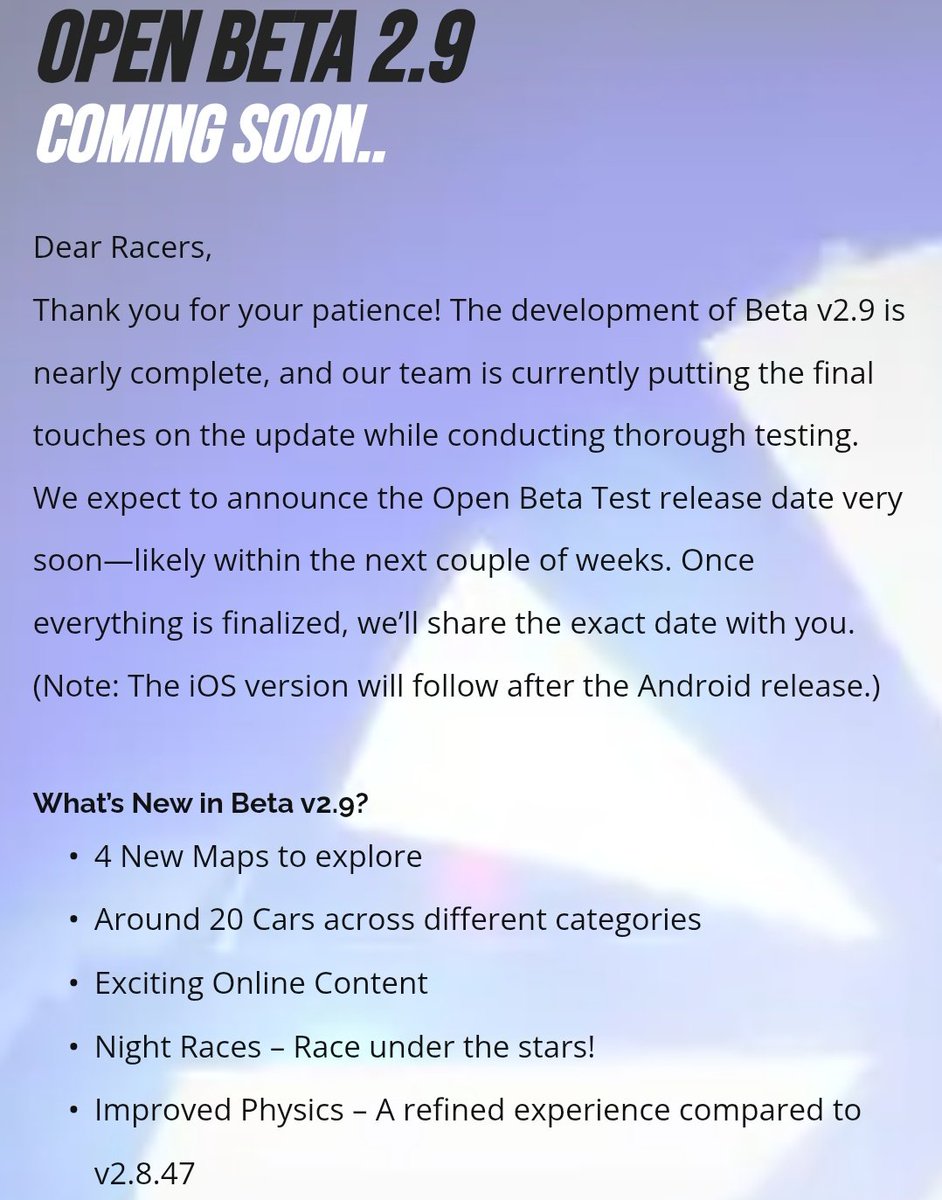 GameSpherenewz's tweet photo. Project Racer New Open Beta is coming for Android in a couple of weeks.

Project Racer is a realistic mobile racing game focused on delivering a true driving experience with advanced physics, high-quality graphics, and customizable cars.
#ProjectRacer #ForzaHorizon5 #MobileGaming https://t.co/0STCajLu6B