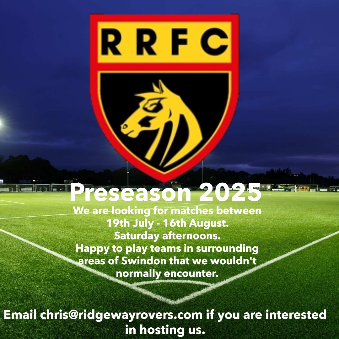Ridgewayrovers1's tweet image. Looking for friendlies with teams surrounding the Swindon area.
Dates we are available are 2/8, 9/8 and 16/8 now as the July dates are filled.
Contact if you can host us.
@WiltsCountyFA @WiltsLeague @FRIENDLYGAMEUK