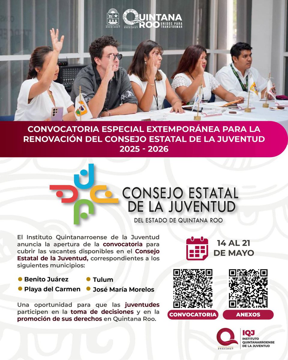 ¡Es tu momento! Participa, decide, y representa a tu generación en el órgano que impulsa las políticas públicas juveniles de #QuintanaRoo 

Inscripción abierta: 14 al 21 de mayo

Consulta la convocatoria aquí juventud.qroo.gob.mx/.../consejo-es… 

#UnidosParaTransformar #JVNTDS
<a href="/alvarado_moo/">Alma Alvarado</a>