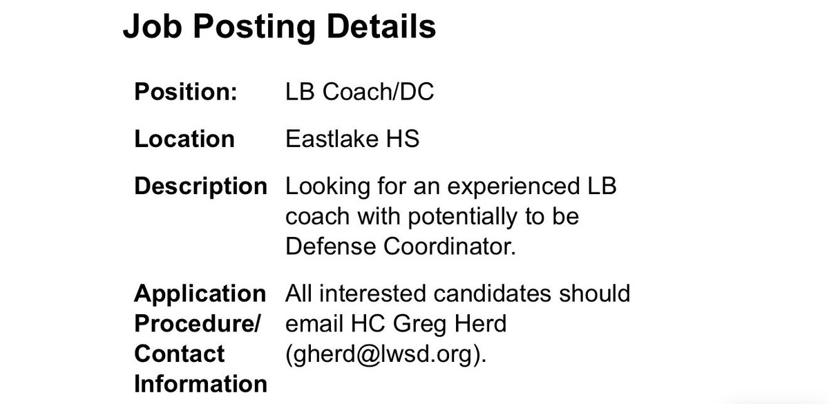 Greg Herd (@coachgherd) on Twitter photo Looking for an experienced LB Coach with a potential to take on DC responsibilities at Eastlake HS. DM or email (gherd@lwsd.org) me if interested.
<a href="/WSFCA1/">WSFCA</a>
<a href="/EvansRankings/">Matt Evans</a> Looking for an experienced LB Coach with a potential to take on DC responsibilities at Eastlake HS. DM or email (gherd@lwsd.org) me if interested.
<a href="/WSFCA1/">WSFCA</a>
<a href="/EvansRankings/">Matt Evans</a>