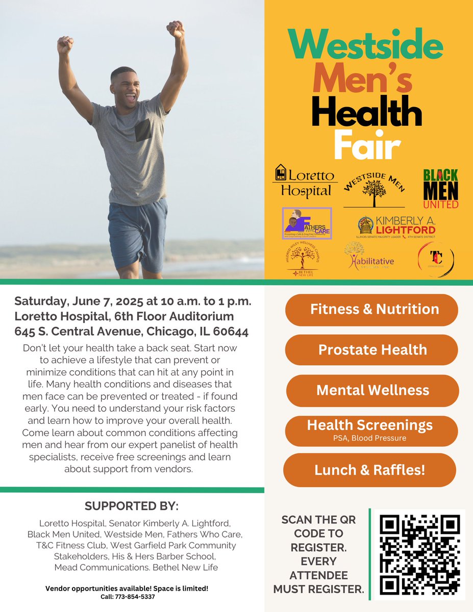 Join us for the Westside Men's Health Fair!
🗓️ Sat, June 7 | 🕙 10AM–1PM
📍 Loretto Hospital, 645 S. Central Ave, Chicago
Free health screenings, fitness tips, mental wellness, raffles &amp; more!
Register Here: forms.gle/W3tTLDgdQwRL6y… — space is limited!