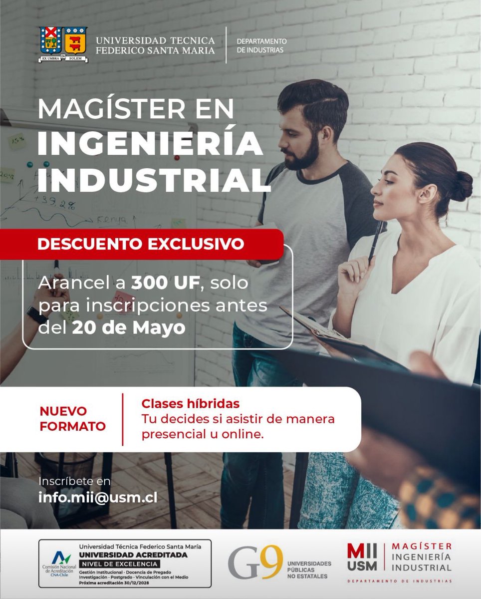 MII USM ✅
No digas que no te avisamos.
📩 Inscríbete hoy mismo en info.mii@usm.cl o al +56 9 3011 2487, nuestra ejecutiva te está esperando.

#postgradousm #postgradoingeniería #MagísterUSM #LiderazgoProfesional #DesarrolloEjecutivo #descuentomagister