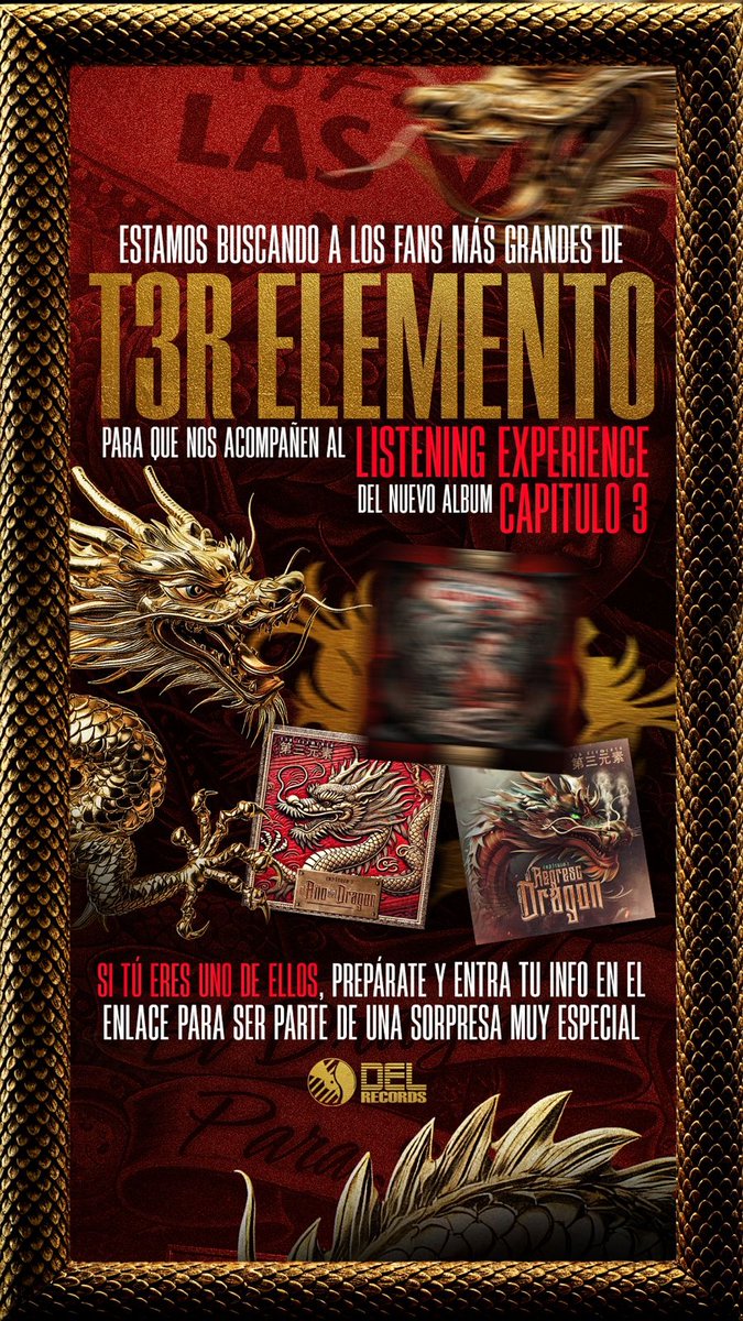 T3R Elemento te invita a vivir la experiencia exclusiva de Capítulo 3 🐲 

📅 21-23 de Mayo: regístrate para ser uno de los primeros en escuchar el álbum completo junto a otros fans antes de su lanzamiento oficial.

📍 6650 Garfield Ave Bell Gardens, CA 
forms.gle/E19BUp3UYPFL3o…