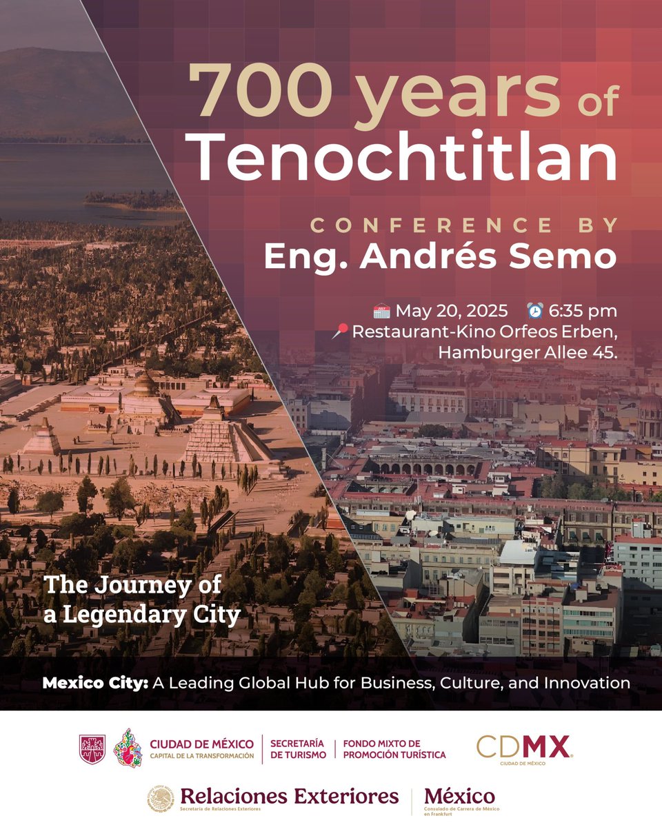 En el marco d los 700 años d la Gran Tenochtitlan, <a href="/semo_dron/">Andres Semo</a> presenta en #IMEX25 🇩🇪 el legado d esta civilización que dio origen a una de las ciudades más vibrantes del mundo: la CDMX. 🇲🇽 

Una cita c/la historia y el presente d una ciudad legendaria.
#CapitalDeLaTransformacion