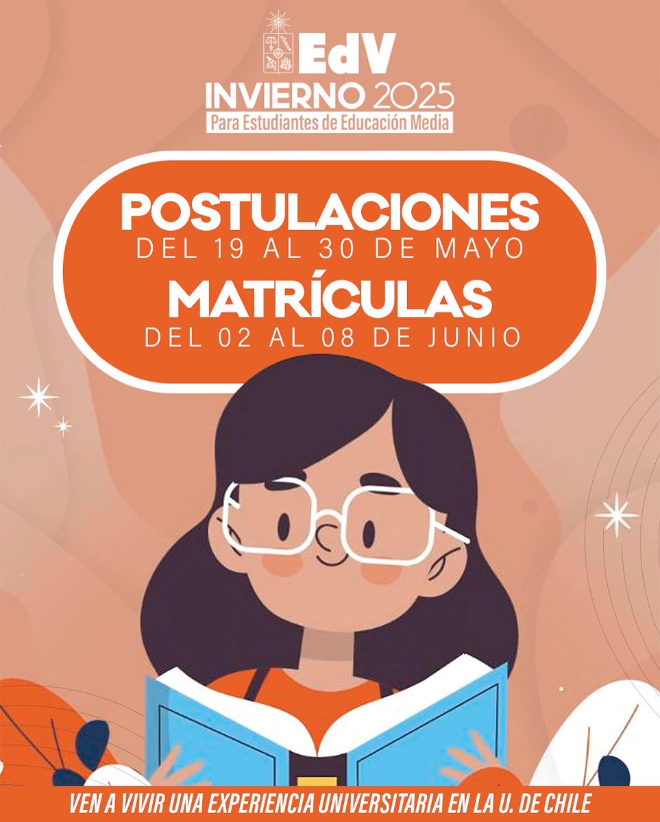 EdV_UChile's tweet photo. ¡Ven a Vivir una Experiencia Universitaria en la U. De Chile! Ingresa a https://t.co/gbDODmGPp9 y revisa las opciones que tenemos para ti. Postulaciones hasta el 30 de mayo👈🏻 https://t.co/sOXT59OQPW