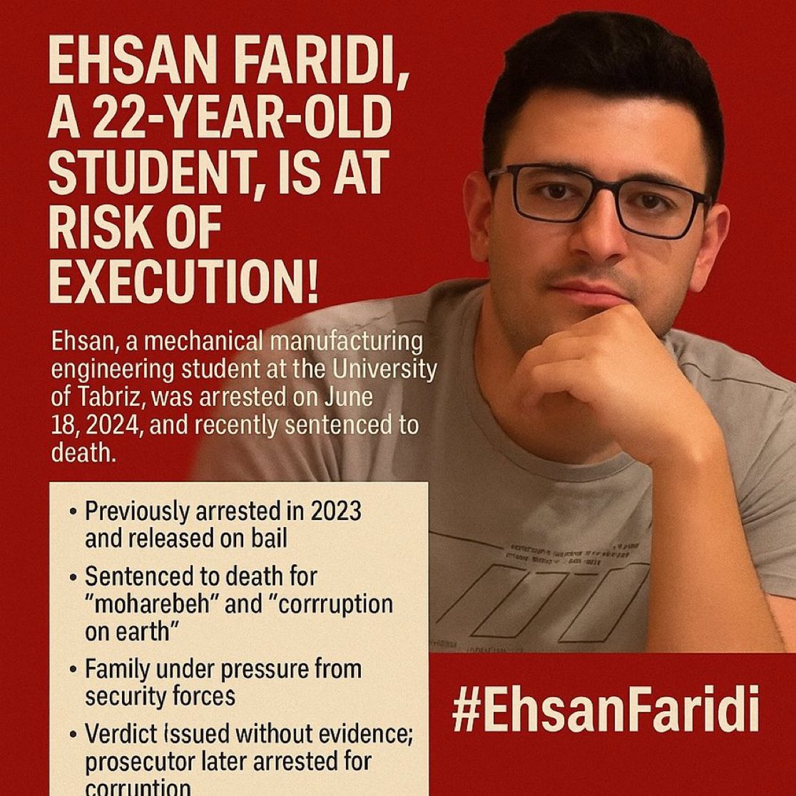 Monireh Kazemi (@monirehkazemi) on Twitter photo 22-year-old #EhsanFaridi, a Tabriz tech student, has been sentenced to death for “waging war against Allah” The charge is based solely on intel ministry reports.
<a href="/RichardDawkins/">Richard Dawkins</a> <a href="/YasMohammedxx/">Yasmine Mohammed 🦋 ياسمين محمد</a> 22-year-old #EhsanFaridi, a Tabriz tech student, has been sentenced to death for “waging war against Allah” The charge is based solely on intel ministry reports.
<a href="/RichardDawkins/">Richard Dawkins</a> <a href="/YasMohammedxx/">Yasmine Mohammed 🦋 ياسمين محمد</a>