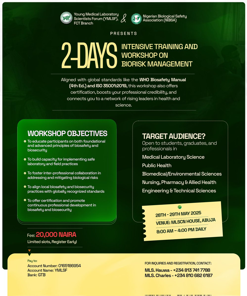 Are you equipped to manage risks? Join our 2-Day Physical Biorisk Management Training hands-on, WHO-aligned, ISO 35001-based, with global certification
🗓️May 28–29
📍MLSCN House, Abuja
💳₦20K
Only 30 slots!
Register Now! bit.ly/YmlsfFctBioris…
<a href="/theglobaltemi/">Temilade Salami | Environmentalist</a> <a href="/AlozieGifted/">TED</a>

RT🙏