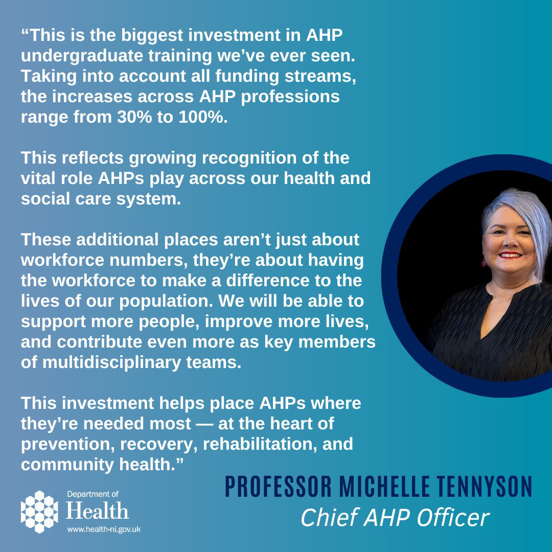 Professor Michelle Tennyson (@tennysoncahpo) on Twitter photo Check out my reaction to Minister Nesbitt's decision to increase the number of AHP undergraduate places in Northern Ireland⤵️⤵️⤵️ <a href="/healthdpt/">Department of Health</a>
health-ni.gov.uk/news/minister-… Check out my reaction to Minister Nesbitt's decision to increase the number of AHP undergraduate places in Northern Ireland⤵️⤵️⤵️ <a href="/healthdpt/">Department of Health</a>
health-ni.gov.uk/news/minister-…