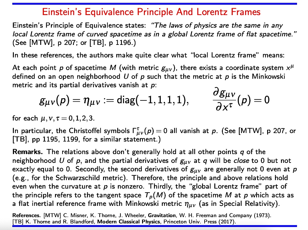 SamuelGWalters's tweet image. A description of what local and global #Lorentz frames mean in relation to #Einstein's Principle of Equivalence in #GeneralRelativity. (This is a warm-up for an upcoming post on how physicists transport #Dirac's equation for fermions to curved spacetime.) #physics #math #geometry