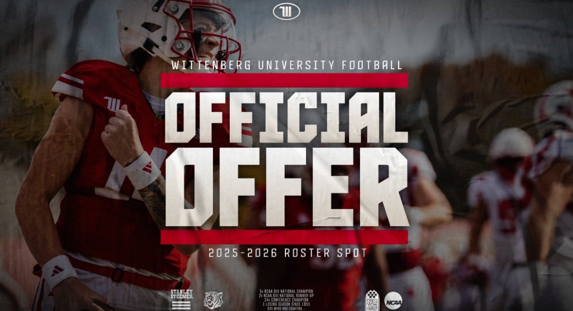 Blessed to have received my first offer from <a href="/WittFootball/">Wittenberg Football</a> <a href="/JimCollins_FB/">Jim Collins</a> <a href="/Coach_AMoore/">Allan Moore</a> . Thank you to the coaching staff and for believing in me. <a href="/CentennialhsOH/">Centennial HS Football (OH)</a> <a href="/CoachBFort/">Brandon Fort</a>