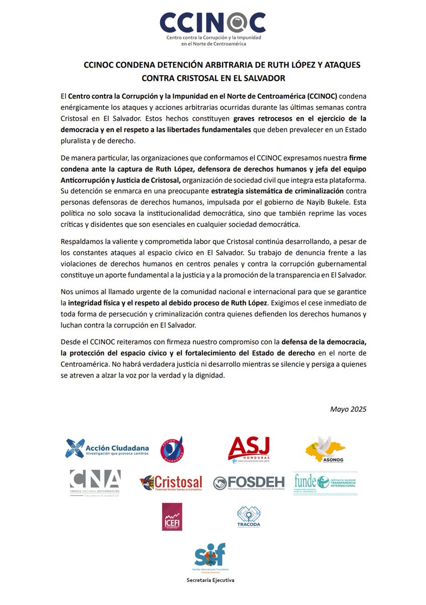 Desde la Asociación para una Sociedad más Justa, como parte de <a href="/ccinocoficial/">CCINOC</a>, nos unimos a la condena por la detención de Ruth López, defensora de derechos humanos y jefa del equipo Anticorrupción y Justicia de <a href="/Cristosal/">Cristosal</a> en El Salvador, un hecho que constituye un grave