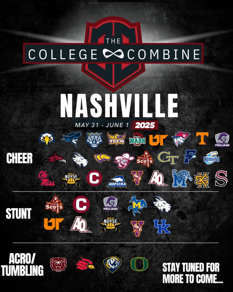 CheerTheory (@cheertheory) on Twitter photo Join 30+ schools, coaches, & athletes at The College Combine in Nashville hosted by <a href="/Nfinity/">∞ Nfinity Athletic</a>!
👥9th-12th grade, all skill levels welcome
📆5/31-6/1/2025
📍Nashville, TN
✅Coaches from Cheer, Stunt, and Acro/Tumbling
Learn more: nfinity.com/pages/combine-…
#Ad Join 30+ schools, coaches, & athletes at The College Combine in Nashville hosted by <a href="/Nfinity/">∞ Nfinity Athletic</a>!
👥9th-12th grade, all skill levels welcome
📆5/31-6/1/2025
📍Nashville, TN
✅Coaches from Cheer, Stunt, and Acro/Tumbling
Learn more: nfinity.com/pages/combine-…
#Ad