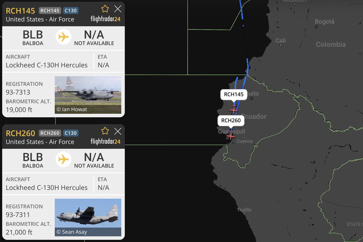 LatAmMilMVMTs's tweet photo. RCH145, RCH260 out of Balboa (BLB/MPPA) 🇵🇦 en route to Lima (LIM/SPJC) 🇵🇪.

They will participate in Southern Star/Estrella Austral 2025 in Chile 🇨🇱.

RCH145 | 93-7313 | C-130H | #ADFDC0 | USAF
RCH260 | 93-7311 | C-130H | #ADFDBE | USAF https://t.co/toRHKcwtJA
