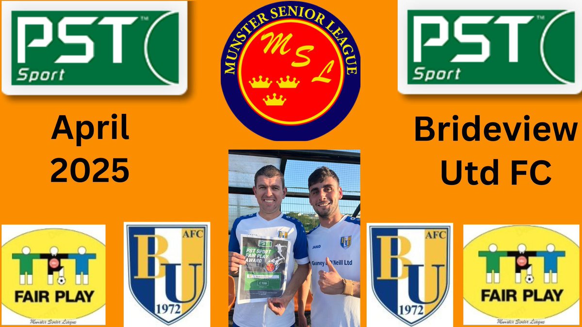 Congratulations go to Brideview Utd, PST/MSL Fair Play award winners for April.
Photo;
First team captain Richie Ryan, with committee member Eoin Mcgrath.
Thanks again to PST Sport for their continued support of the Munster Senior League.