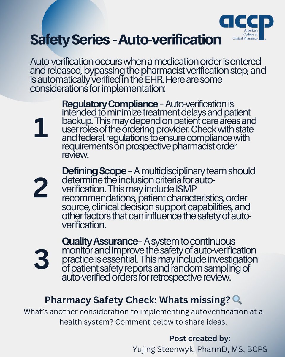 accpcadmprn's tweet photo. Auto-verification can streamline workflows and reduce delays, but it’s not a one-size-fits-all solution. Here are some key considerations when implementing auto-verification in the EHR.

#HealthIT #MedicationSafety #PharmacyInformatics #EHR #PatientSafety #ACCP https://t.co/hHBszcG26e