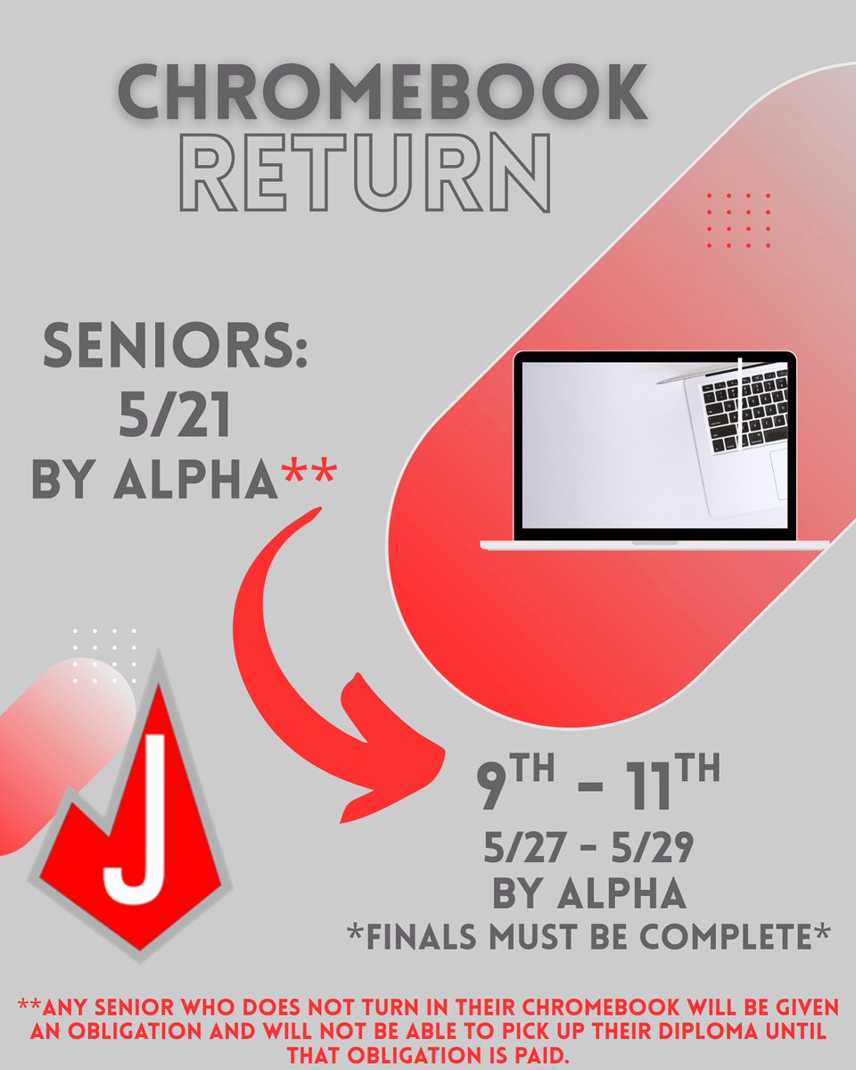 Rockets, please review the Chromebook return dates. Please make sure you have finished with your finals before turning in your Chromebook for the year. 💻