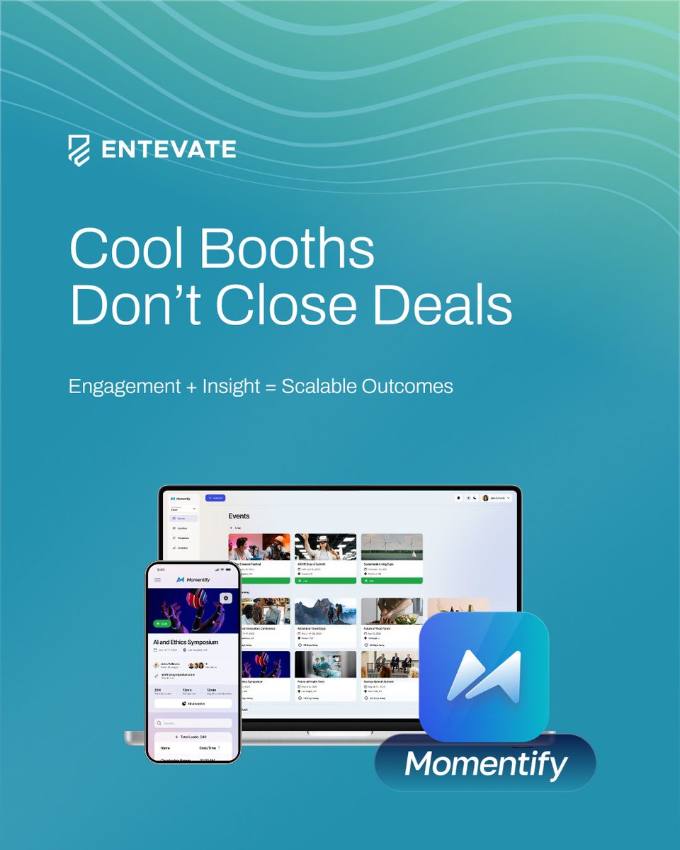 entevate's tweet photo. You don’t invest in events for a “cool booth.”

You invest for outcomes.
📈 Insight.
🤝 Connection.
💰 Conversion.

Too often, that’s lost in the noise.

With Momentify, you stop guessing—and start scaling.

⚡ Ready for real ROI? @mymomentify 

#ROX #TradeShowStrategy #ENTEVATE https://t.co/wp4aPTVHSl