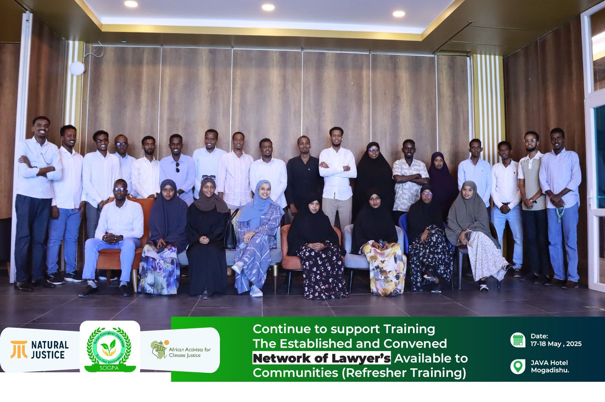 Somali Greenpeace Association (@sogpa2) on Twitter photo <a href="/SOGPA2/">Somali Greenpeace Association</a> in partnership with <a href="/naturaljustice/">Natural Justice</a> concluded 2day Refresher training for 25 community environmental lawyers and advocates to tackle climate injustice, displacement and resource conflict.
#EnvironmentalJustice #ClimateAction #LegalEmpowerment #ClimateJustice #Somalia <a href="/SOGPA2/">Somali Greenpeace Association</a> in partnership with <a href="/naturaljustice/">Natural Justice</a> concluded 2day Refresher training for 25 community environmental lawyers and advocates to tackle climate injustice, displacement and resource conflict.
#EnvironmentalJustice #ClimateAction #LegalEmpowerment #ClimateJustice #Somalia
