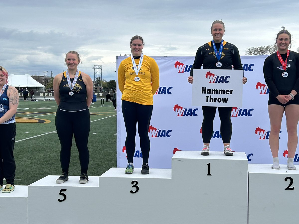 Finally-congrats to our FIRST TEAM ALL-WIAC performers at the WIAC Championships!  These women are WIAC CHAMPIONS! 
Megan Hunt: Long Jump
Megan Hunt: Heptathlon
Brenna Masloroff: Hammer Throw
Cyna Madigan: 800m
Libby Geisness: 1500m 
Congrats, ladies! 🥇
