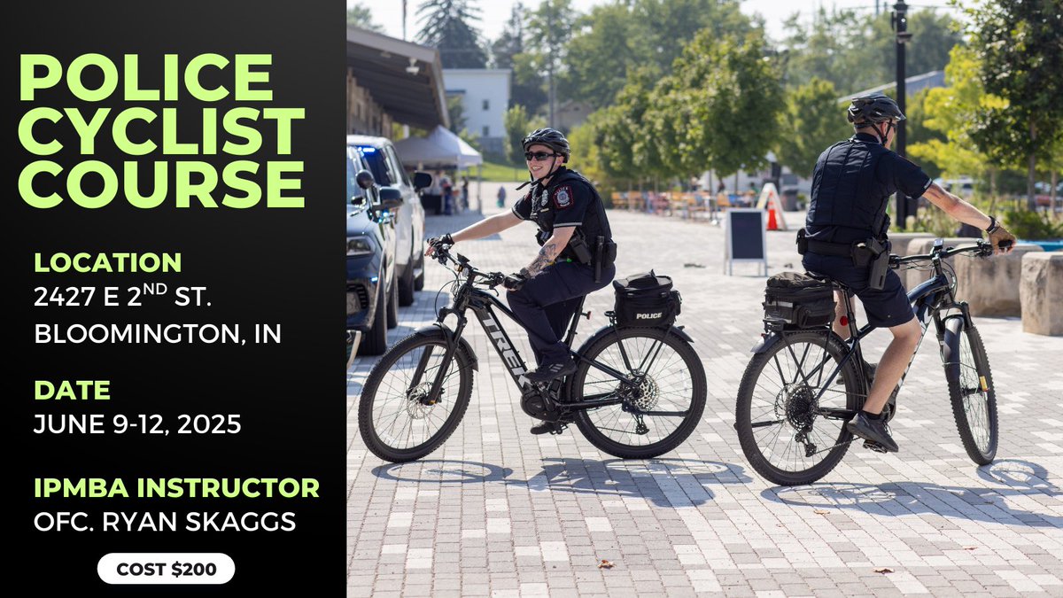 IUpolice's tweet image. Get certified in bicycle patrol techniques through the International Police Mountain Bike Association's training. This 32-hour course is designed for police officers and security professionals interested in bicycle patrol training.
🔗Register now: go.iu.edu/8ttH