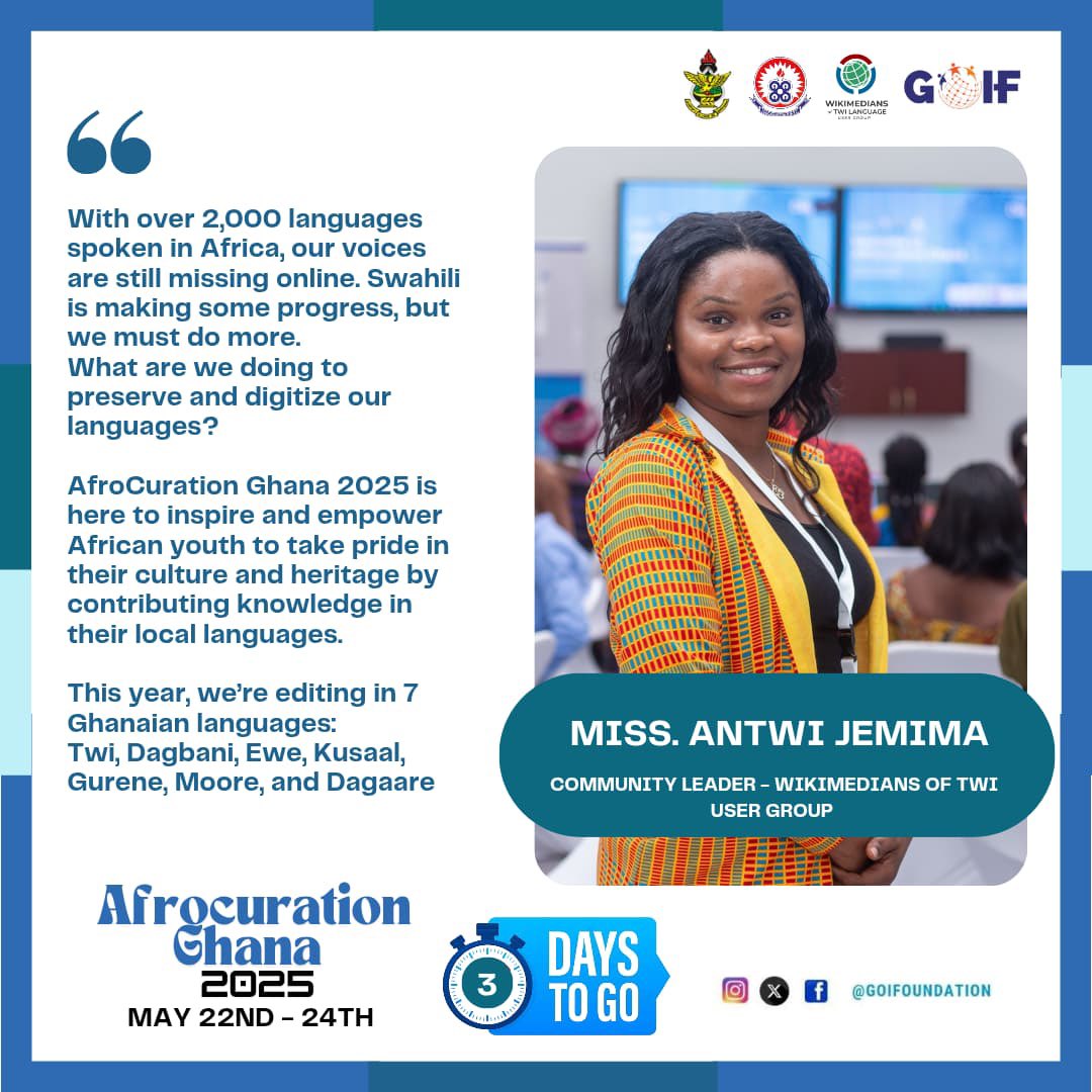 AfrocurationGh's tweet photo. Hear us out! Because in three days, the moment will be upon us once again live from the IDL Conference Center inside KNUST.
Sษe you there ๐๐พ
#Wikimediafoundation
#AfroCurationGhana2025
#Ghanaianlanguages
#Moleskinefoundation
#Twilanguage
#TwiWikipedia
#GOIF
#Freeknowledege https://t.co/WM88DXyET7