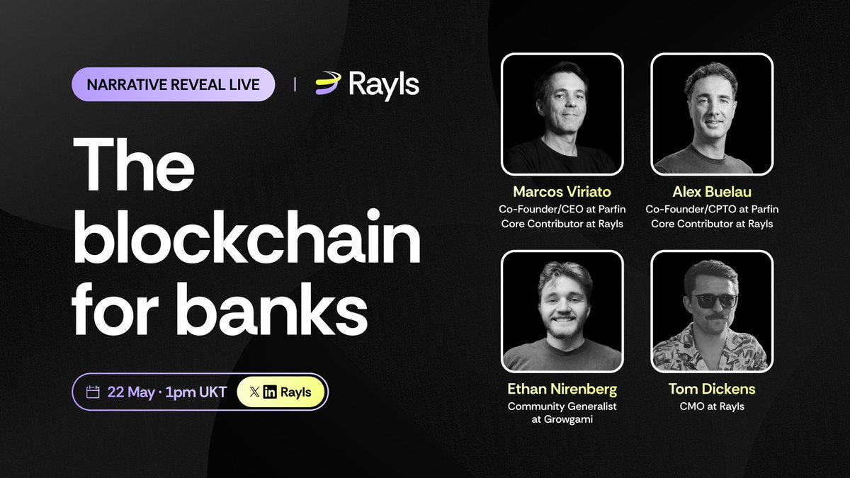 Rayls (@raylslabs) on Twitter photo We’re excited to share our strategic vision of Rayls: The Blockchain for Banks 🟣🟡
Our next livestream will explore how Rayls bridges TradFi and DeFi to unlock $100T in liquidity and connect 6b customers onchain.
<a href="/x10xalex/">Alex Buelau</a>, <a href="/mcvviriato/">Marcos Viriato</a>, @Tomdbtc, and Ethan will discuss our We’re excited to share our strategic vision of Rayls: The Blockchain for Banks 🟣🟡
Our next livestream will explore how Rayls bridges TradFi and DeFi to unlock $100T in liquidity and connect 6b customers onchain.
<a href="/x10xalex/">Alex Buelau</a>, <a href="/mcvviriato/">Marcos Viriato</a>, @Tomdbtc, and Ethan will discuss our