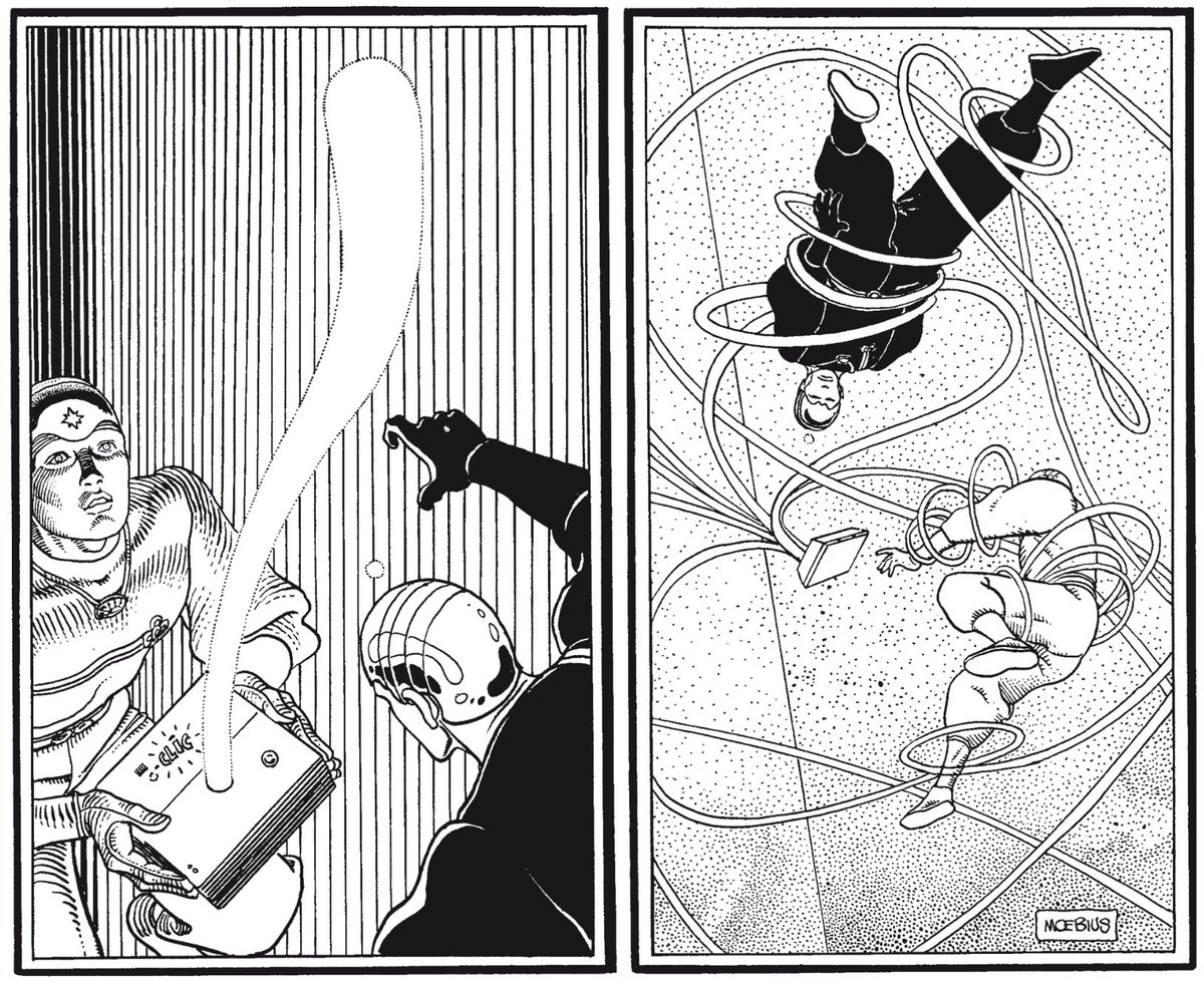 It's #MoebiusMonday. If we were you, we'd wait 'Til Tuesday to open up that can of worms...and that Bakalite Box.

Artwork from series "Le garage hermetique de Jerry Cornelius" (circa 1987).