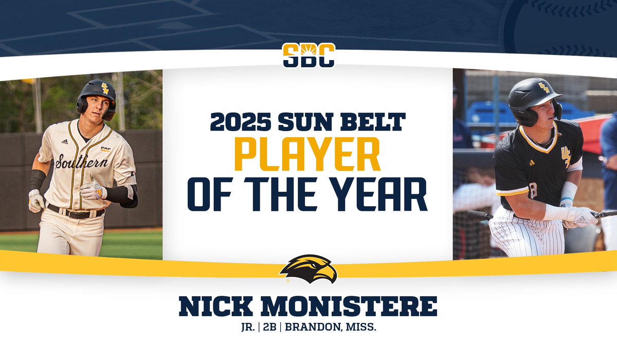 Sun Belt (@sunbelt) on Twitter photo ๐ฃ๐๐๐ฌ๐๐ฅ ๐ข๐ ๐ง๐๐ ๐ฌ๐๐๐ฅ.
<a href="/SouthernMissBSB/">Southern Miss Baseball</a> junior second baseman <a href="/MonistereNick/">Nick Monistere</a> paced the Sun Belt with 18 home runs & 66 RBI en route to the #SunBeltBSB Player of the Year nod. โ๏ธโพ๏ธ
๐ฐ ยป sunbelt.me/3ZofulO ๐ฃ๐๐๐ฌ๐๐ฅ ๐ข๐ ๐ง๐๐ ๐ฌ๐๐๐ฅ.
<a href="/SouthernMissBSB/">Southern Miss Baseball</a> junior second baseman <a href="/MonistereNick/">Nick Monistere</a> paced the Sun Belt with 18 home runs & 66 RBI en route to the #SunBeltBSB Player of the Year nod. โ๏ธโพ๏ธ
๐ฐ ยป sunbelt.me/3ZofulO