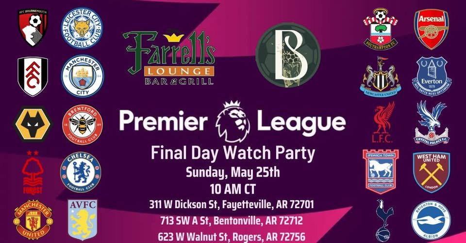 Come watch our final game of the season as well as the other nine games on Championship Sunday at Farrell's in Fayetteville, Botanical in Bentonville, or City Pump in Rogers! 10 games all kicking off at 10 AM! #COYG #NWArk