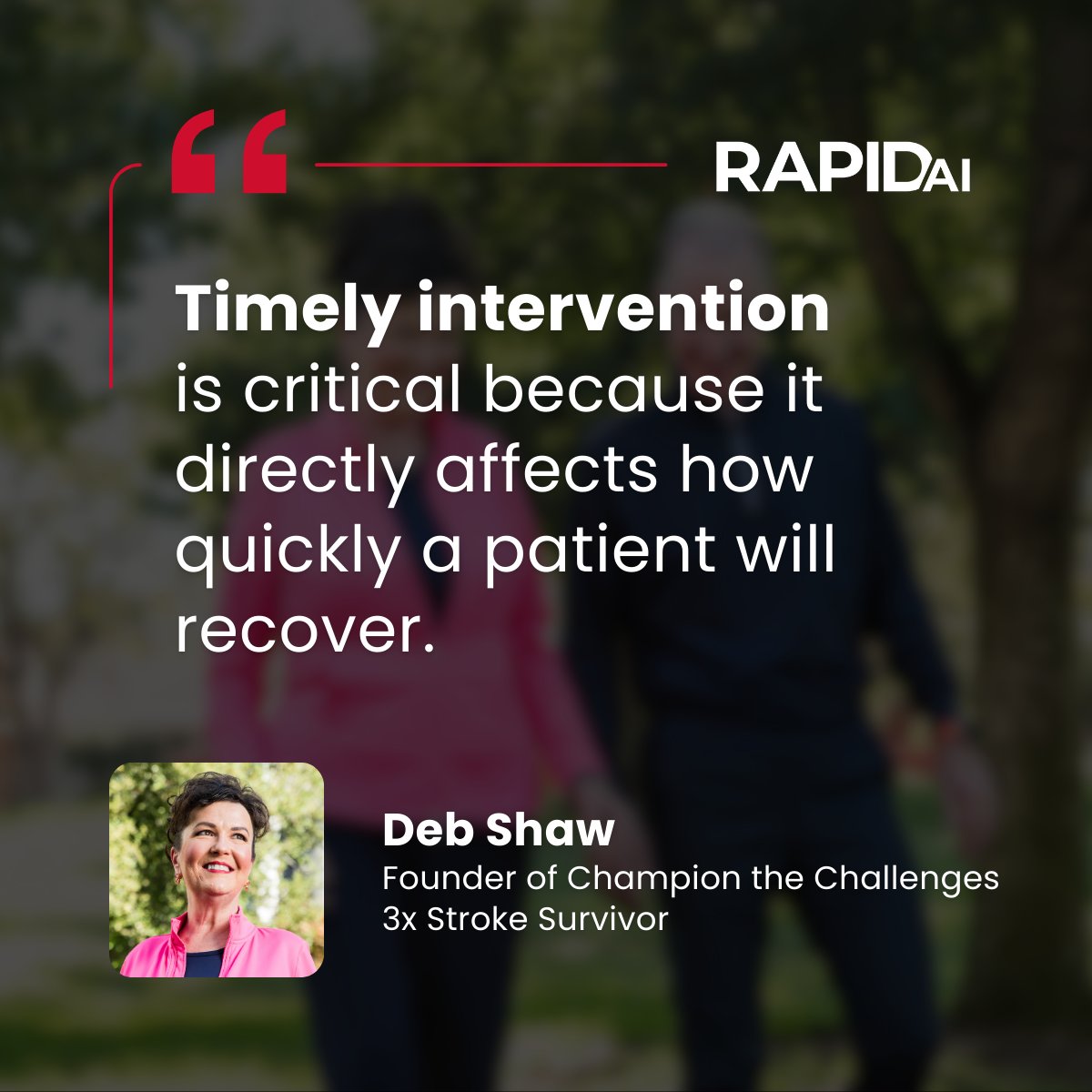 RapidAI (@rapidai) on Twitter photo After surviving three strokes, Deb co-founded <a href="/champchallenges/">Champion the Challenges</a> to help others find the ānew youā after stroke. This #StrokeMonth, weāre spotlighting stories like hers to show how faster intervention and AI tools can support better outcomes.
Learn more at championthechallenges.org After surviving three strokes, Deb co-founded <a href="/champchallenges/">Champion the Challenges</a> to help others find the ānew youā after stroke. This #StrokeMonth, weāre spotlighting stories like hers to show how faster intervention and AI tools can support better outcomes.
Learn more at championthechallenges.org