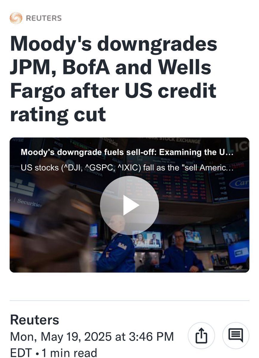 Not good news for overleveraged big banks 

-"Moody's on Monday downgraded the long-term ratings of top American lenders such as JPMorgan Chase, Bank of America and Wells Fargo, after pushing the U.S. out of top triple-A rating club over its burgeoning $36 trillion debt..."