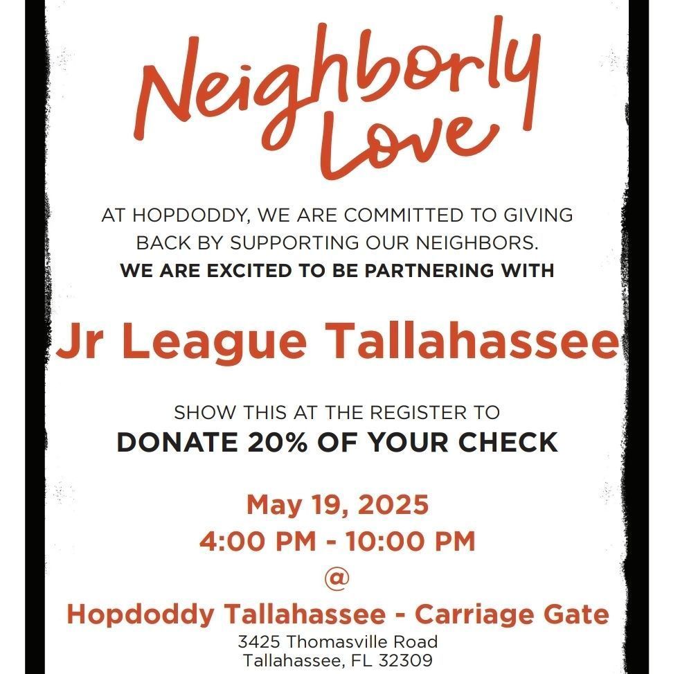 Join the Junior League of Tallahassee RIGHT NOW for our Share Night at Hopdoddy! Come enjoy delicious burgers, fries, and shakes while helping the Junior League's mission in our community. We can't wait to see you there! 

#JLT #Hopdoddy #TallahasseeEvents #GiveBack