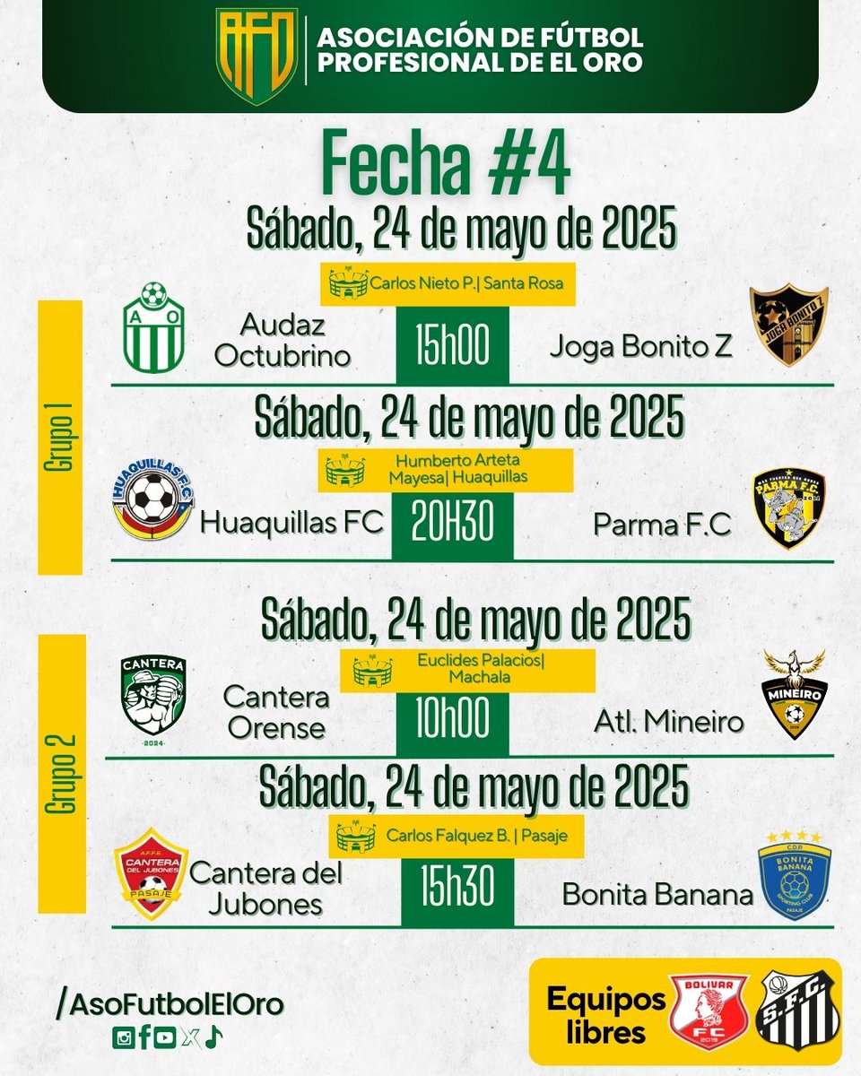 🎊 ¡La emoción del fútbol no se detiene! Este fin de semana se disputa la cuarta jornada 🇪🇨⚽. Prepárate para vivir partidos llenos de pasión, goles y adrenalina. ¡Alienta a tu equipo y no te pierdas ni un solo minuto de la acción! 🏟️🔥

#AFO