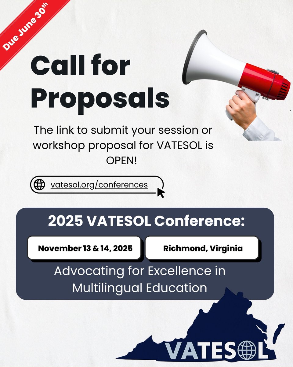 📢 Calling all educators, researchers &amp; advocates!
Submit your session/workshop idea for the 2025 #VATESOL Conference!
🗓️ Nov 13–14 | Richmond, VA
✍️ Due by: June 30
🔗 vatesol.org/conferences
Theme: Advocating for Excellence in Multilingual Education #TESOL #MultilingualEd