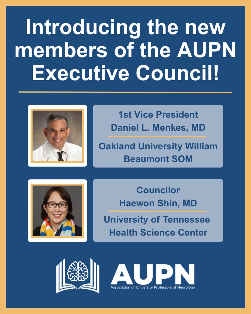 Association of University Professors of Neurology (@aupn_leaders) on Twitter photo We are pleased to announce that Dr. Daniel L. Menkes and Dr. Haewon Shin were elected to serve on the AUPN Executive Council as First Vice President and Councilor, respectively. Congratulations to both!
#neurology #neurotwitter <a href="/oaklandu/">Oakland University</a> <a href="/uthsc/">The University of Tennessee Health Science Center</a> <a href="/uthscneurores/">UTHSC Neurology Residency</a> We are pleased to announce that Dr. Daniel L. Menkes and Dr. Haewon Shin were elected to serve on the AUPN Executive Council as First Vice President and Councilor, respectively. Congratulations to both!
#neurology #neurotwitter <a href="/oaklandu/">Oakland University</a> <a href="/uthsc/">The University of Tennessee Health Science Center</a> <a href="/uthscneurores/">UTHSC Neurology Residency</a>
