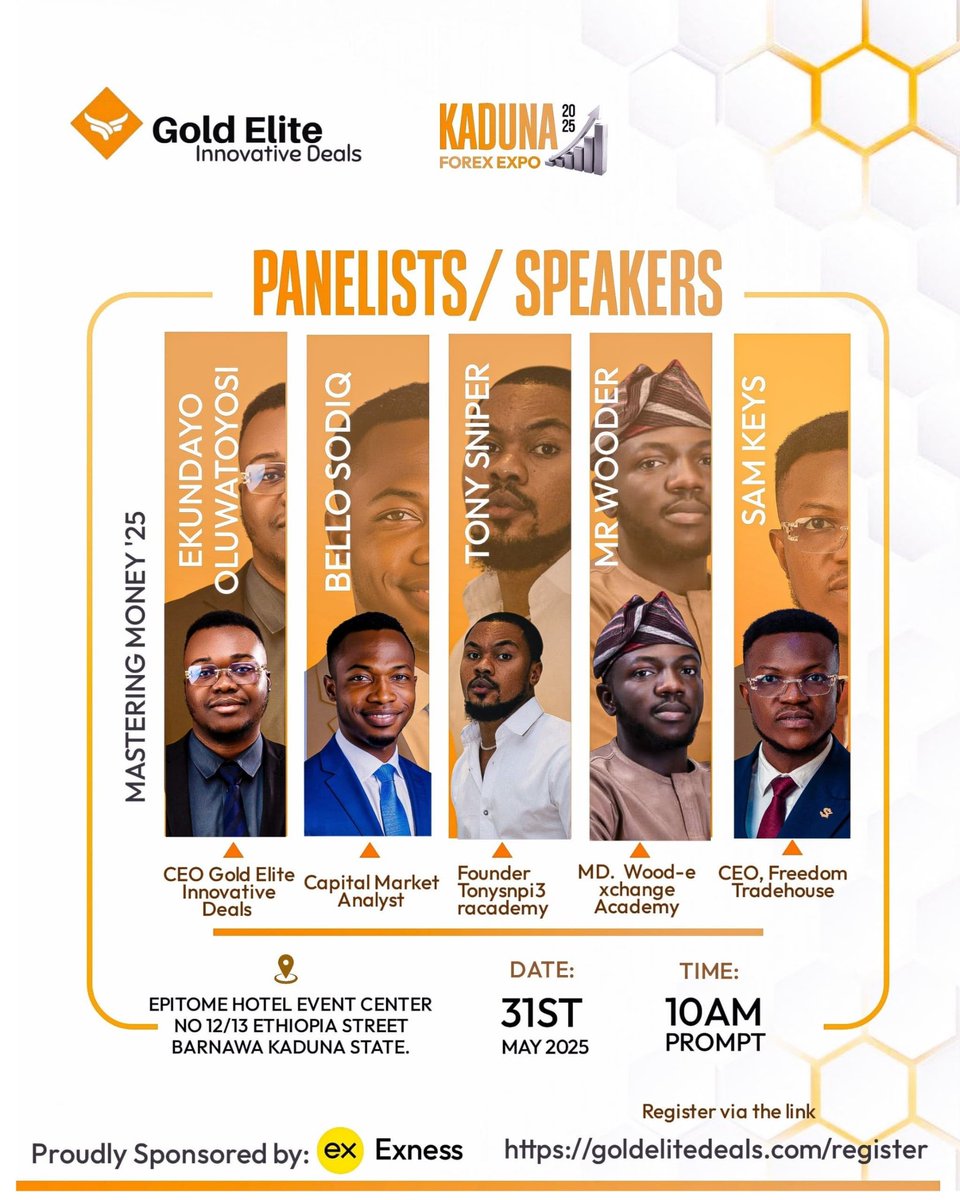peter_eddy1's tweet photo. *BREAKING ANNOUNCEMENT — THE LINEUP IS UNREAL!*

The Kaduna Forex Expo 2025 just got a whole lot more serious...

Meet our PANELISTS / SPEAKERS for MASTERING MONEY ’25!!!
Here’s who’s coming:

EKUNDAYO OLUWATOYOSI – CEO, Gold Elite Innovative Deals

BELLO SODIQ – Capital Market Analyst

TONY SNIPER – Founder, Tonysnpi3 Academy

MR WOODER – MD, Wood-e Xchange Academy

SAM KEYS – CEO, Freedom Tradehouse

They’re not just speaking! they’re revealing real strategies, telling their stories, and answering *YOUR* questions.
This isn’t your average lineup.
It’s a financial power panel you can’t afford to miss.

Register here: https://t.co/safNoHEhVm

*Tell a friend. Come with a notebook. Leave with a new mindset.*