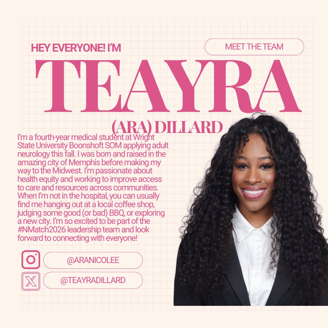 NeurologyMATCH2025 (@nmatch2025) on Twitter photo It’s time to introduce the new <a href="/NMatch2026/">NeurologyMATCH2026</a> leadership! Here is our future adult neurologist, Teayra (Ara) Dillard <a href="/teayradillard/">TeAyra (Ara) Dillard</a> , MS4 at <a href="/WSUBoonshoftSOM/">WSU Boonshoft SOM</a>! When she’s not at the hospital, you can find Ara exploring coffee shops, BBQ spots, or the next big city~ ☕️🍖✨ #NMatch It’s time to introduce the new <a href="/NMatch2026/">NeurologyMATCH2026</a> leadership! Here is our future adult neurologist, Teayra (Ara) Dillard <a href="/teayradillard/">TeAyra (Ara) Dillard</a> , MS4 at <a href="/WSUBoonshoftSOM/">WSU Boonshoft SOM</a>! When she’s not at the hospital, you can find Ara exploring coffee shops, BBQ spots, or the next big city~ ☕️🍖✨ #NMatch