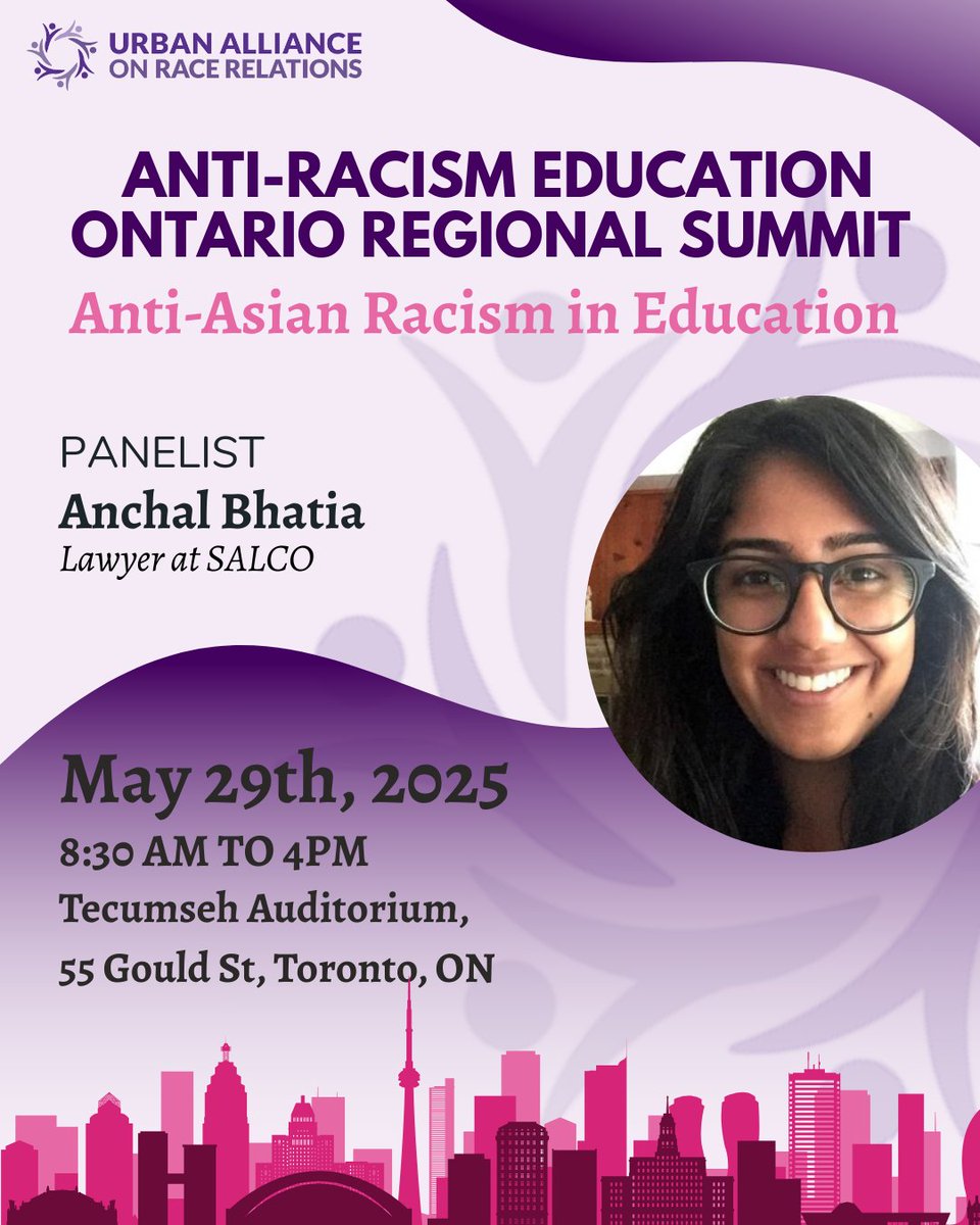 UARRToronto's tweet photo. Our next summit speaker is Achal Bhatia, a lawyer at the South Asian Legal Clinic of Ontario! Get your tickets here: https://t.co/yeJ44nXf56   

Date: May 29  
Time: 8:30 AM – 4 PM  
Location: Toronto Metropolitan University https://t.co/M8PR2oyJuQ