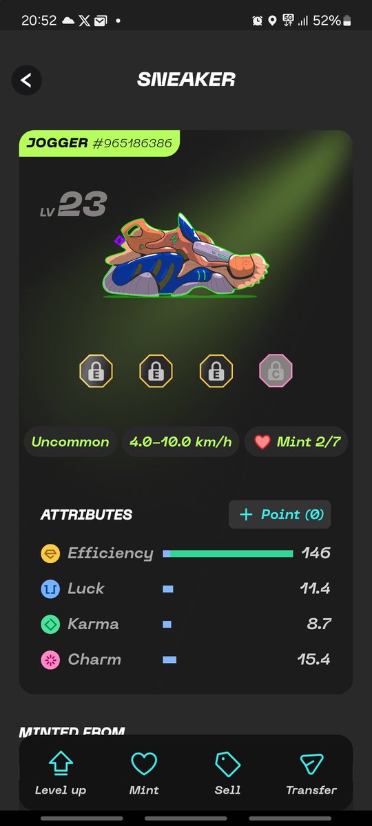 ⚡️ Flash Sale Jogger EEEC level 23 – 18.900 GMT ⚡️

120 GGT - 6.8 energies

Please DM if interested since I have to list it in the market or use it myself.

❤️ Like &amp; 🔁 Share to win 500 GMT if the Jogger is sold in the next 48 hours! ⏳
#STEPNGO #STEPN #Giveaway <a href="/Stepnofficial/">STEPN GO</a>
