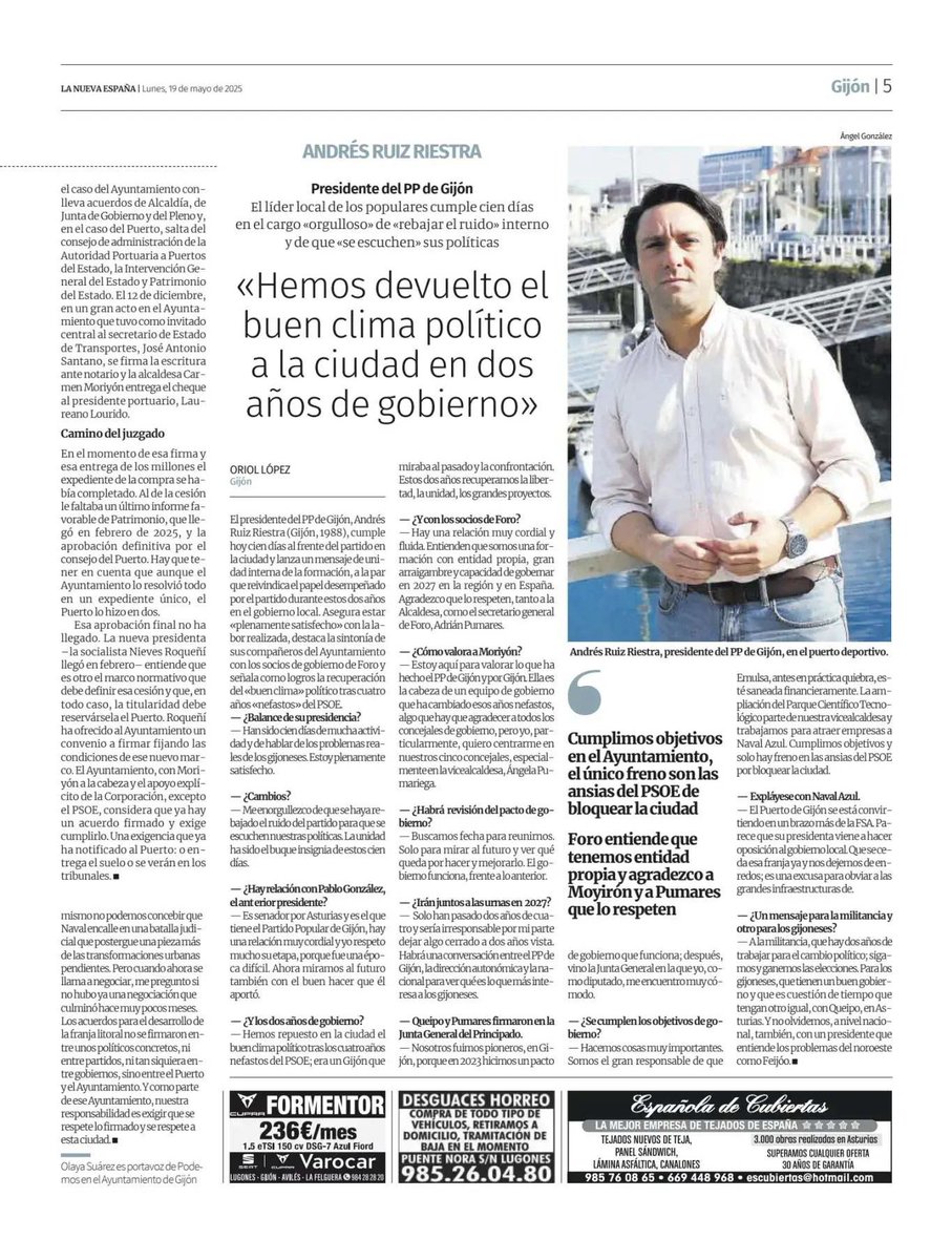 🗞Entrevista en <a href="/lanuevaespana/">La Nueva España</a> sobre el trabajo del <a href="/ppaytogijon/">Grupo Municipal PP Gijón</a>  durante estos dos años y los retos de futuro del <a href="/Gijon_pp/">Partido Popular de Gijón</a>.