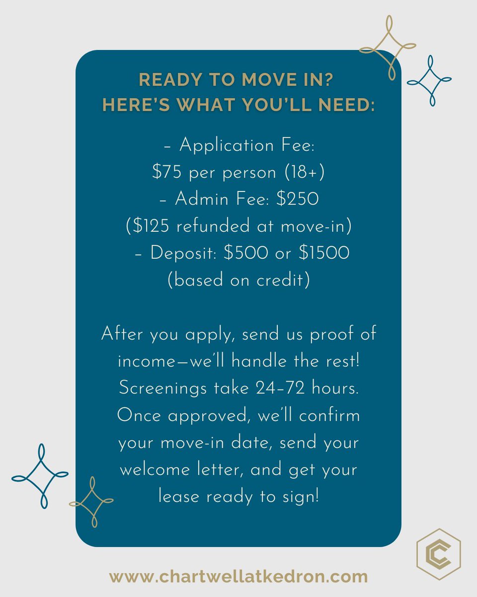 ChartwellatKS's tweet image. ✨ Move-In Monday ✨

Wondering what you need to secure your new home at Chartwell Commons? We've got you covered! From application to lease signing, here’s a quick breakdown of the move-in process. 🏡

Questions? We’re here to help every step of the way! 💬

#MoveInMonday...