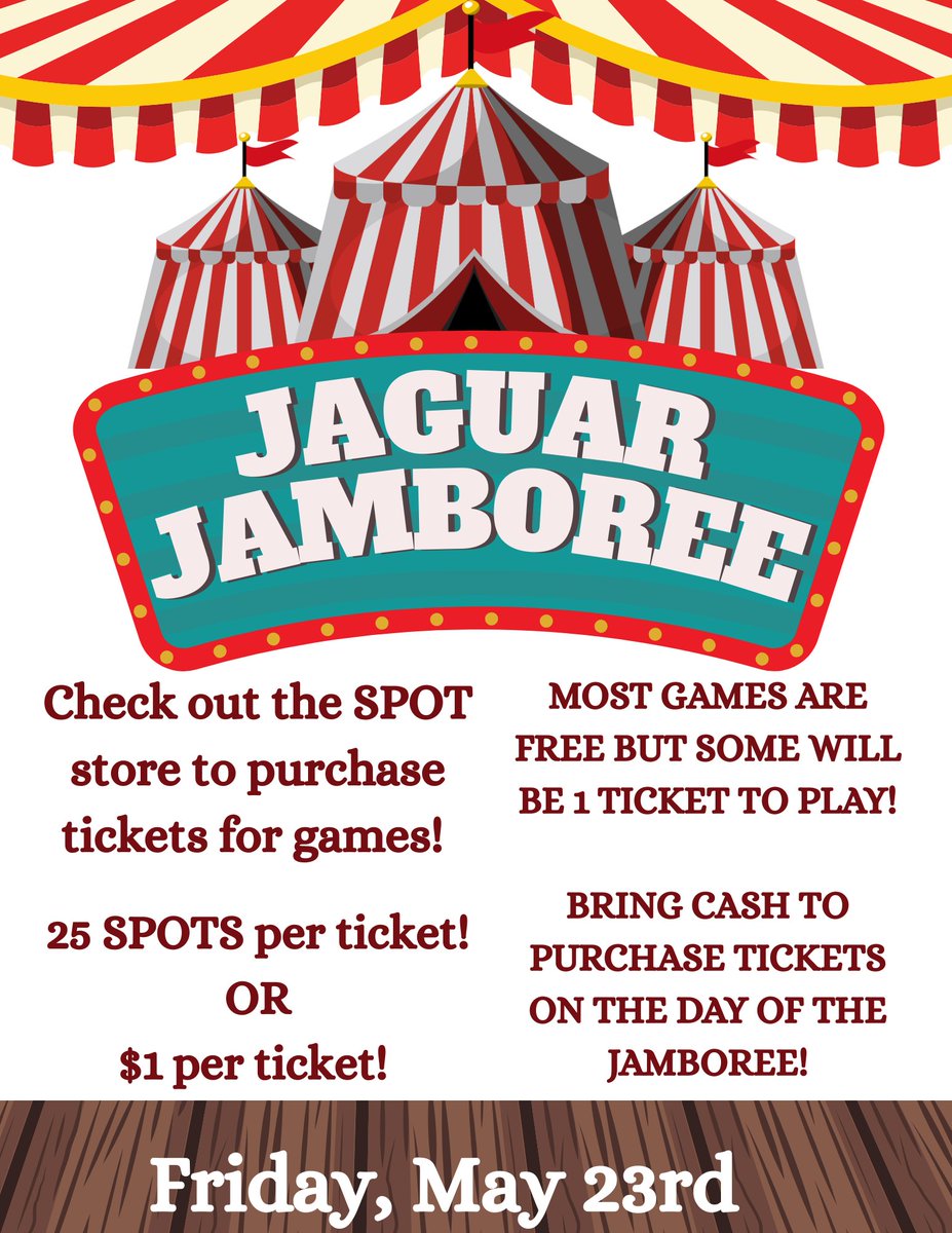 🎟️ Jaguars, get ready for the Jaguar Jamboree on Friday, May 23rd! Most games are FREE, but some exclusive games will require 1 ticket to play. You can pre-buy tickets now on the SPOT Store for 25 SPOTs each or bring $1 cash per ticket on the day of the event. Let the fun begin!